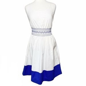 Kate Spade Dress Fit Flare Smocked Poplin Blue White Embroidered NWT
